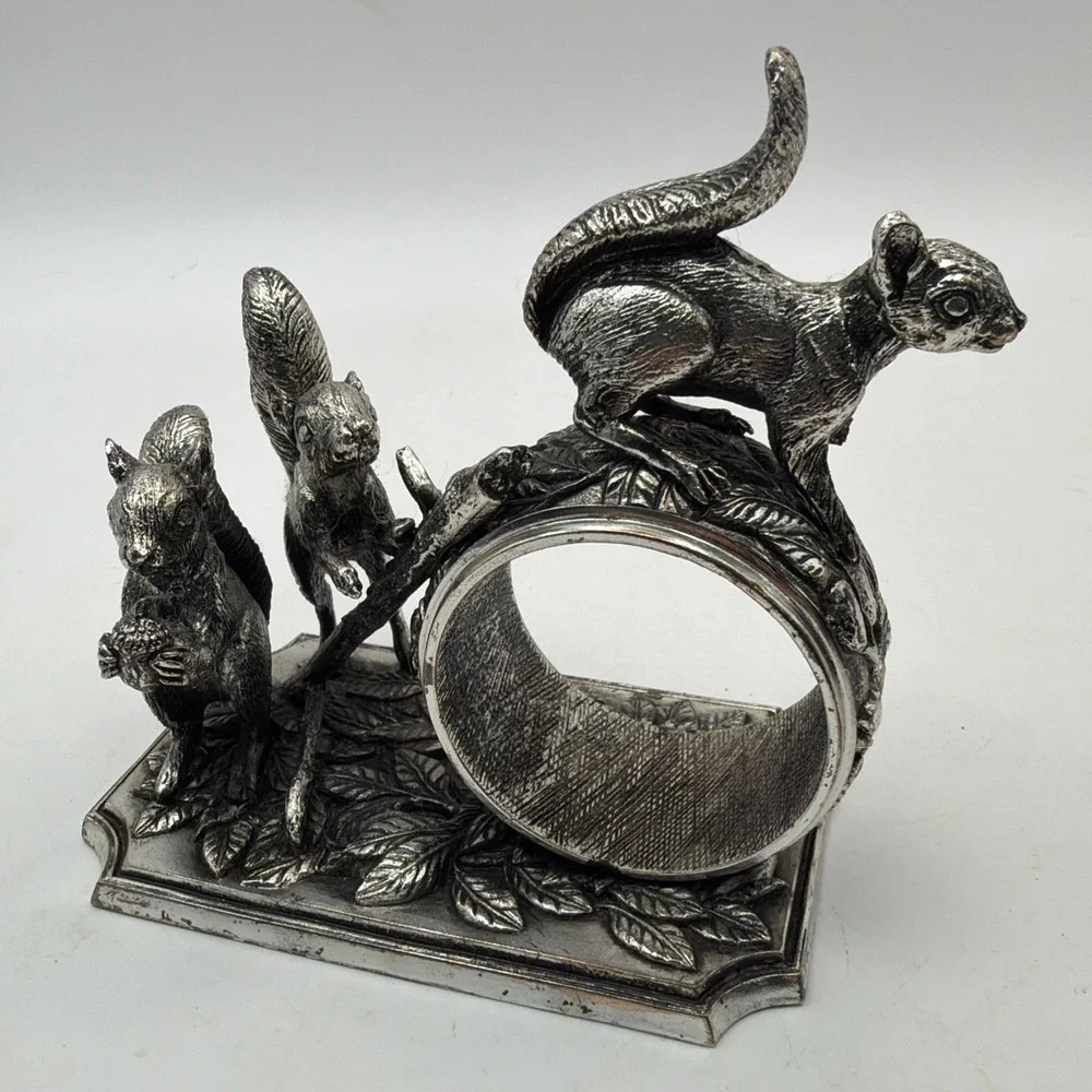 Franklin Mint Animals At Play Napkin Ring Silver Plate Squirrels Vintage 1977
